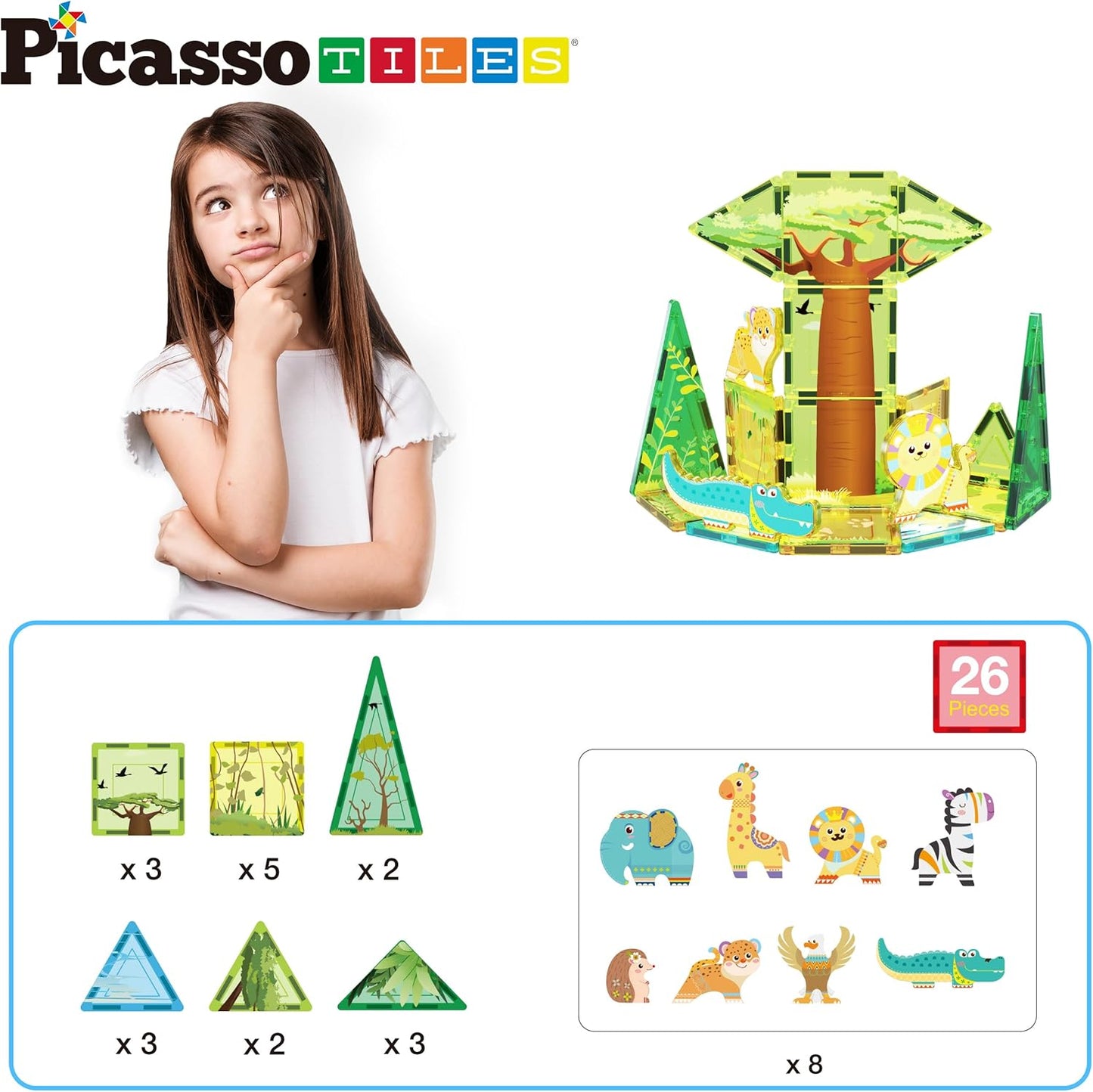 PicassoTiles Magnetic Tiles Magnet Tile Building Blocks Marine Animal World Themed Set with 8 Ocean Character Action Figures STEM Learning Toy Construction Toddlers Boys Girls Ages 3+ PTQ25