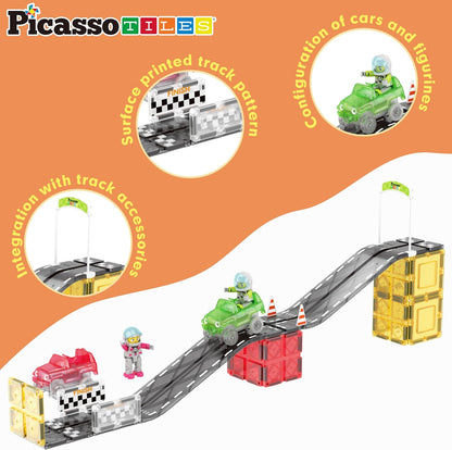PicassoTiles 50pc Racecar Track Magnetic Tiles Educational Kids Toy with 2 Light Up Trucks STEM Preschool Learning Magnet Tile Toddler Toys Boys Girls Ages 3+ Blocks Game Puzzles Build Playset PTR50