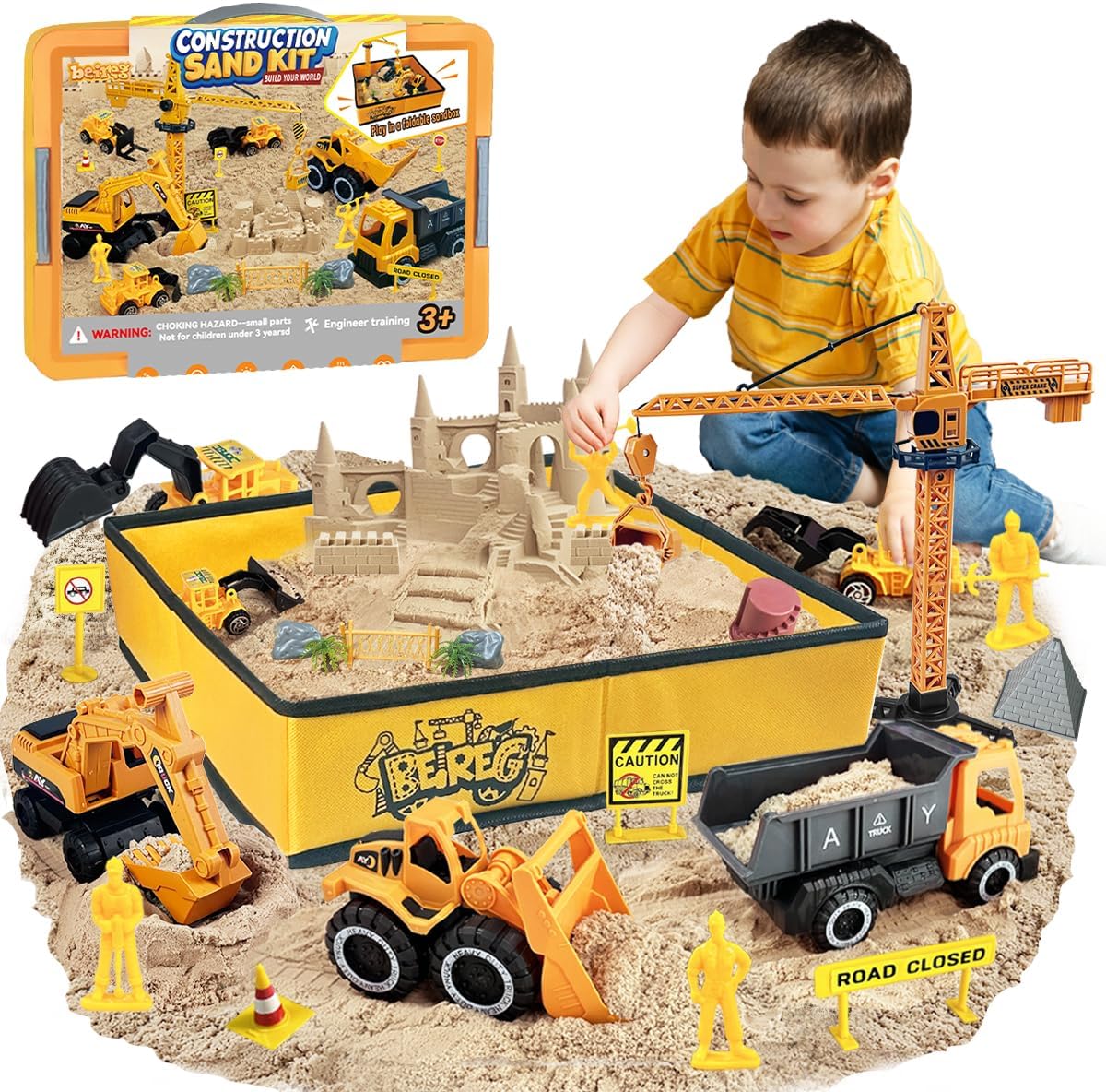 Construction Sensory Sand Kit - 42 PCS Building Set with 2lbs Magic Sand, 9 Construction Trucks, Foldable Roof Sandbox, Cranes, Road Signs & Tools | STEM Gift for Boys Ages 3-8