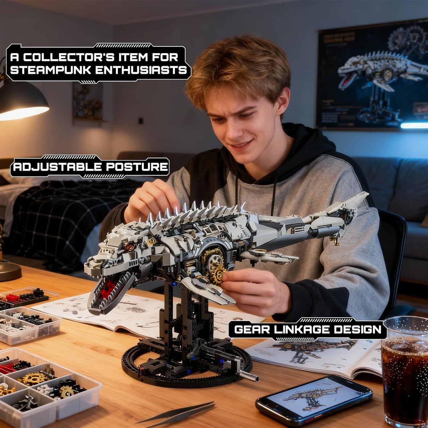 Mechanical Mosasaurus Building Block Set Precision Gear System Display Stand Included STEM Building Block