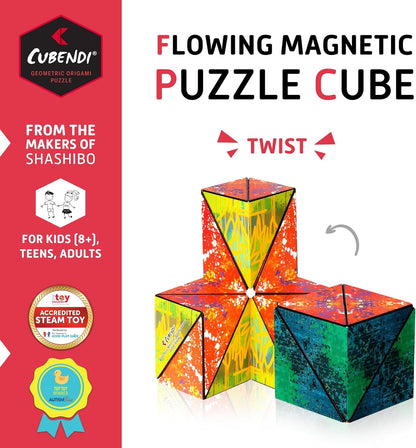 CUBENDI Geometric Origami Puzzle - Infinity Fidget Cube for Adults, Kids & Teens – Mesmerizing & Magnetic Shape Shifting Box w/48 Rare Earth Magnets - by Fun in Motion Toys (Twist)