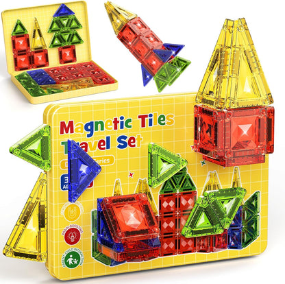 42-Piece Mini Magnetic Tiles Travel Set with Metal Storage Box - Portable STEM Building Blocks for Kids Ages 3-8, Montessori Educational Toys for Airplane & Car Rides, Gift for Boys & Girls