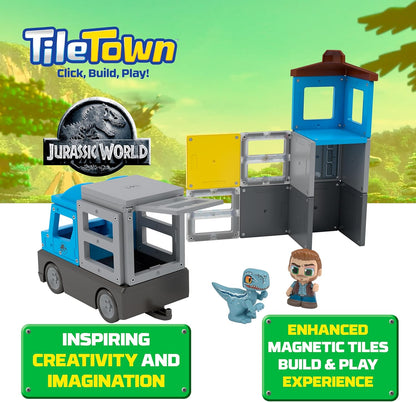 Tile Town Jurassic World Gate Escape Magnetic Tiles Set, 84 Piece Interactive Dinosaur STEM Toys Playset, Magnetic Animal Tiles for Kids Ages 3-6