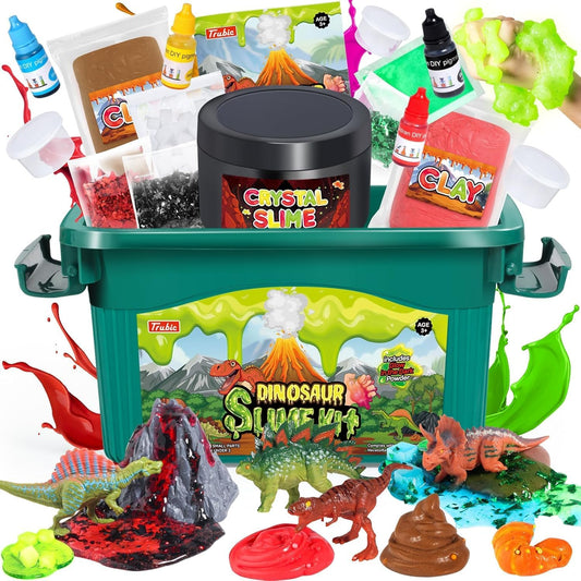Dinosaur Slime Making Kit, Jelly Cube/Butter/Crystal/Glow in The Dark Slime with Add-ins, Includes Dino Figurines/Volcano, Christmas Birthday Party Favors Gift Toys for Kids Boys 6-12