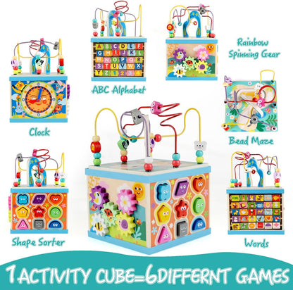 Qilay Wooden Activity Cube for Toddlers, 5 in 1 Multipurpose ABC-123 Abacus Early Educational Montessori Toys, Learning Toys for 3 Year Old | Bead Maze, Great for Boys Girls