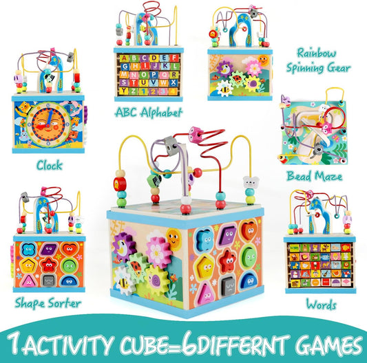 Qilay Wooden Activity Cube for Toddlers, 5 in 1 Multipurpose ABC-123 Abacus Early Educational Montessori Toys, Learning Toys for 3 Year Old | Bead Maze, Great for Boys Girls