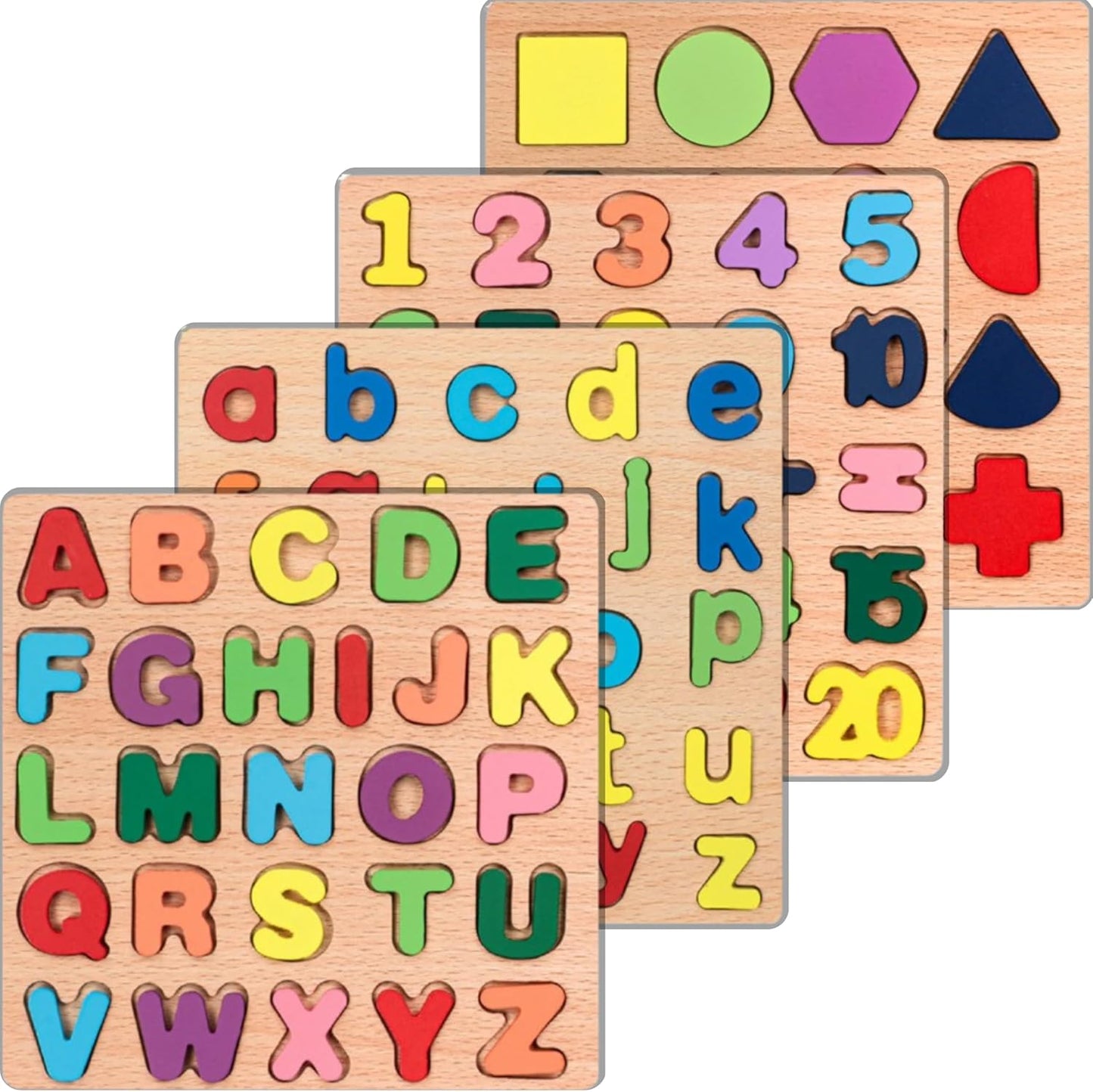 4-Pack | Alphabet, Numbers & Shapes Wooden Puzzles for Toddlers 3-5 Years Old – ABC, 1-20, & Shape Learning Toy with Puzzle Board & Blocks, Preschool Educational Toy for Boys & Girls