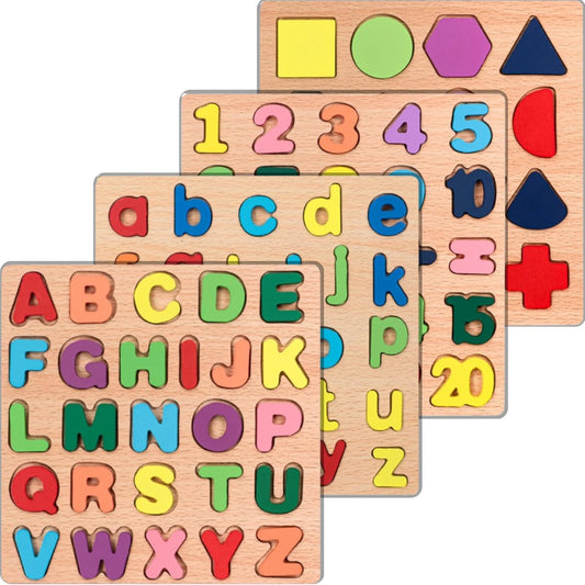 4-Pack | Alphabet, Numbers & Shapes Wooden Puzzles for Toddlers 3-5 Years Old – ABC, 1-20, & Shape Learning Toy with Puzzle Board & Blocks, Preschool Educational Toy for Boys & Girls