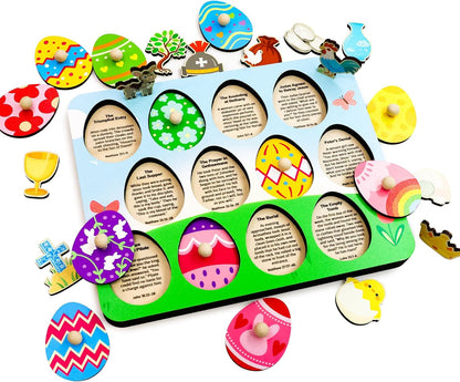 Fancy Land Easter Story Wooden Puzzle 12Pcs Religious Wood Eggs Peg Puzzle Set for Holy Week Christian Gifts Easter Basket Stuffers Sunday School Party Favor Church Activity Classroom Game Supplies