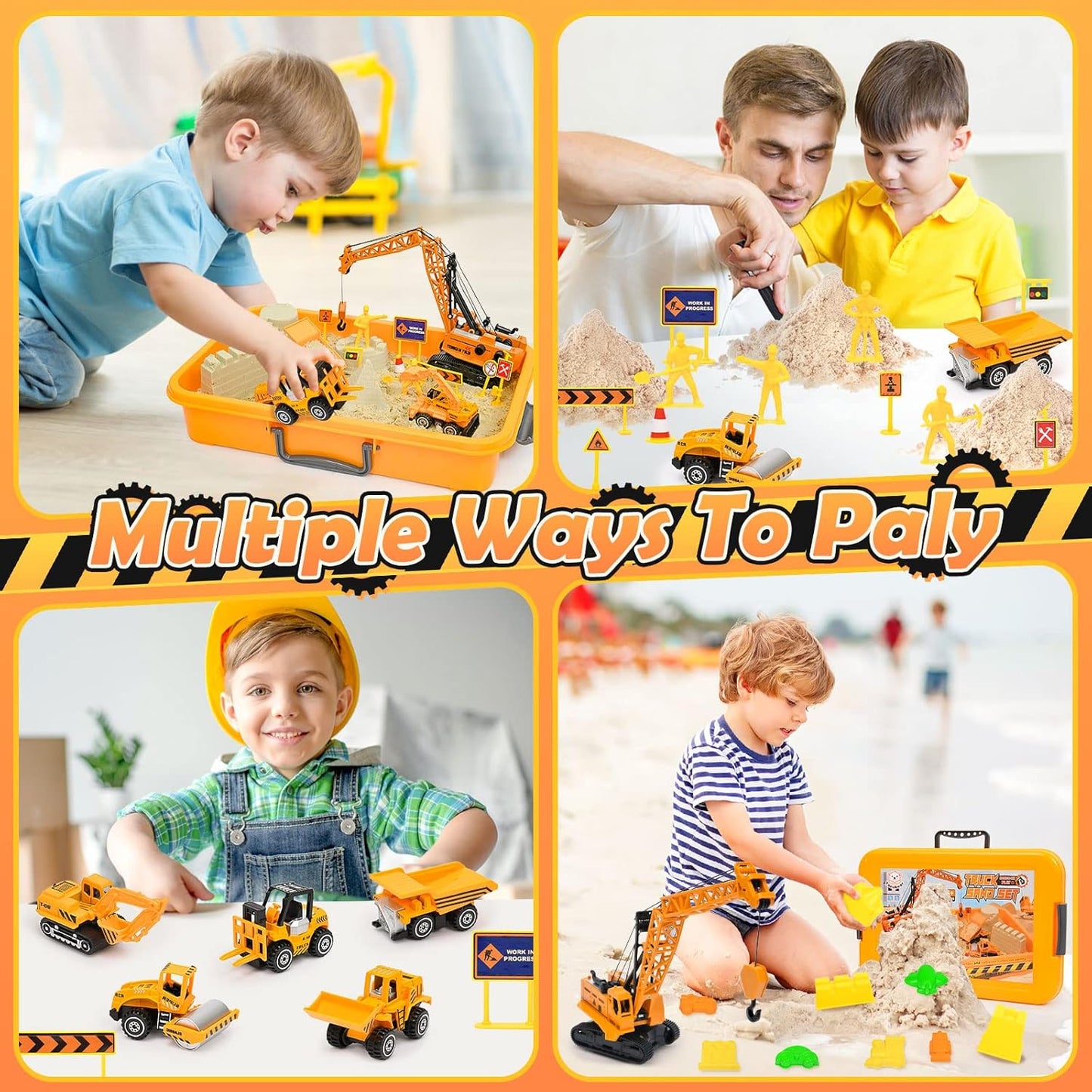 TUZT Kids Construction Sensory Bin Play Sand Kit Toys for Toddlers, Sandbox with 3.1lbs Sand & Large Tower Crane & 5 Trucks & 13 Signs & 14 Molds, Birthday for Toddler Boy 3-8 Years Old