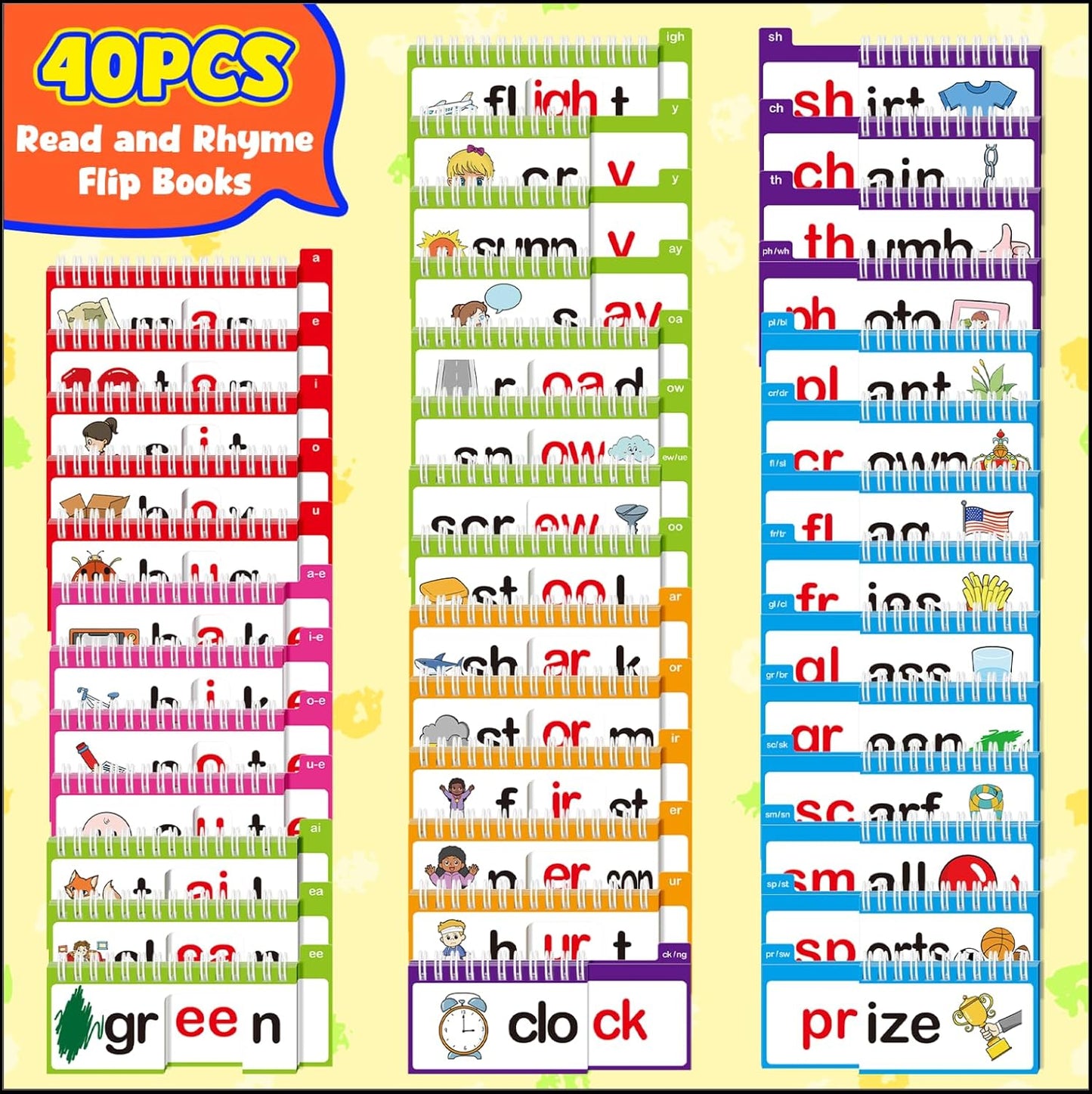 40 Read and Rhyme Flip Books,Phonics Word Family Build Book Learn to Read Phonics Flash Cards,Sight Words Flash Cards Kindergarten Reading Books,Flip Book Word Games for Preschool Learning Activities