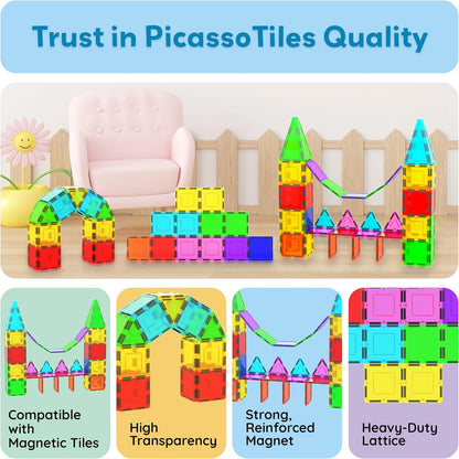 PicassoTiles 4pcs Magnetic Building Block Large Square Shape Magnet Tiles Construction Toy STEM Learning Kit Educational Playset Playboard Pretend Play Stacking Blocks Child Brain Development PTE09