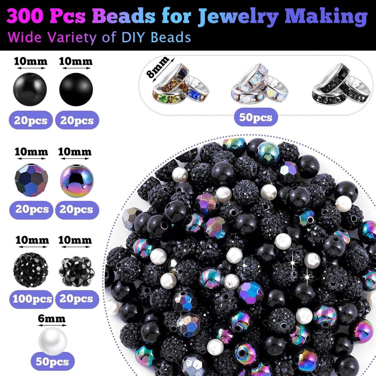 300 Pcs Diamonds Beads for Jewelry Making, Included 10 mm Red Rhinestone Beads for Bracelets, Bubblegum Bead for Pen Making, Pearl and Spacer Bead for Bracelet Necklace Earring Crafting