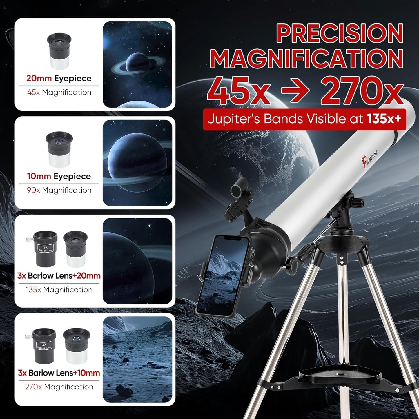 Telescope for Kids & Adults – 80mm Refractor Telescope with 600mm Focal Length, Tripod, Barlow Lens & Phone Adapter High Powered Astronomical Telescopes for Beginners, Telescopio para Adults