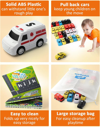 Coogam Alphabet Maze, 26pcs Pull Back Car with Play Mat Preschool Letter Matching Game for 3 4 5 Years Old, Montessori Educational Fine Motor Gift Toy for Toddler Kids