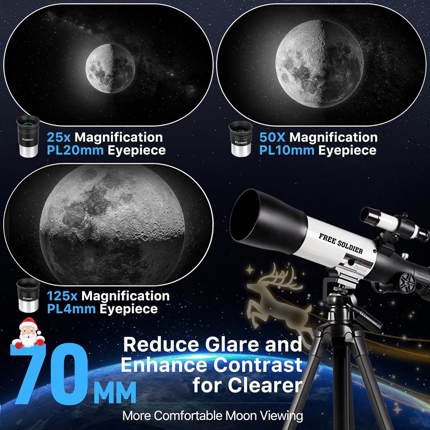 FREE SOLDIER Telescope for Kids 70mm Aperture Astronomical Refractor Telescopes for Beginners (15X-150X) 300mm Telescope for Adults High Powered with A Phone Adapter & A Wireless Remote (White)