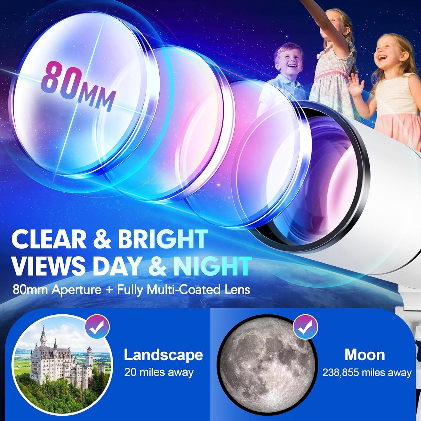 Hawkko Telescope for Adults & Kids Beginners, 80mm Aperture 500mm Telescopes for Adults Astronomy, (20X-150X) Portable Refractor Telescope Kit with Decorate Stickers, Backpack, Phone Adapter-BlackBlue
