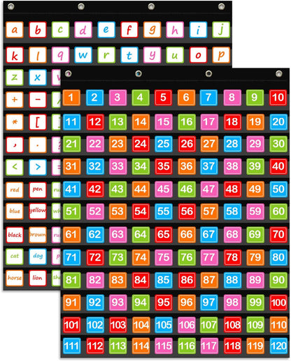 ANCOMEDO Hundred Pocket Chart with 100 Pockets and 150 Pieces Boho Double-Sided Number Cards,Number 1-100 Pocket Chart for Students Classroom Home Counting and Organizer (Black-100 Pockets)