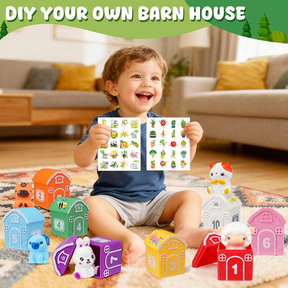 Montessori Toys for Toddlers 1 2 3 Years Old, Farm Animal Train Set with Counting Matching Sorting Activities 9 Barns, 10 Finger Puppets, 2 Stickers-Learning Toys for Baby Boys Girls, Preschool Gift