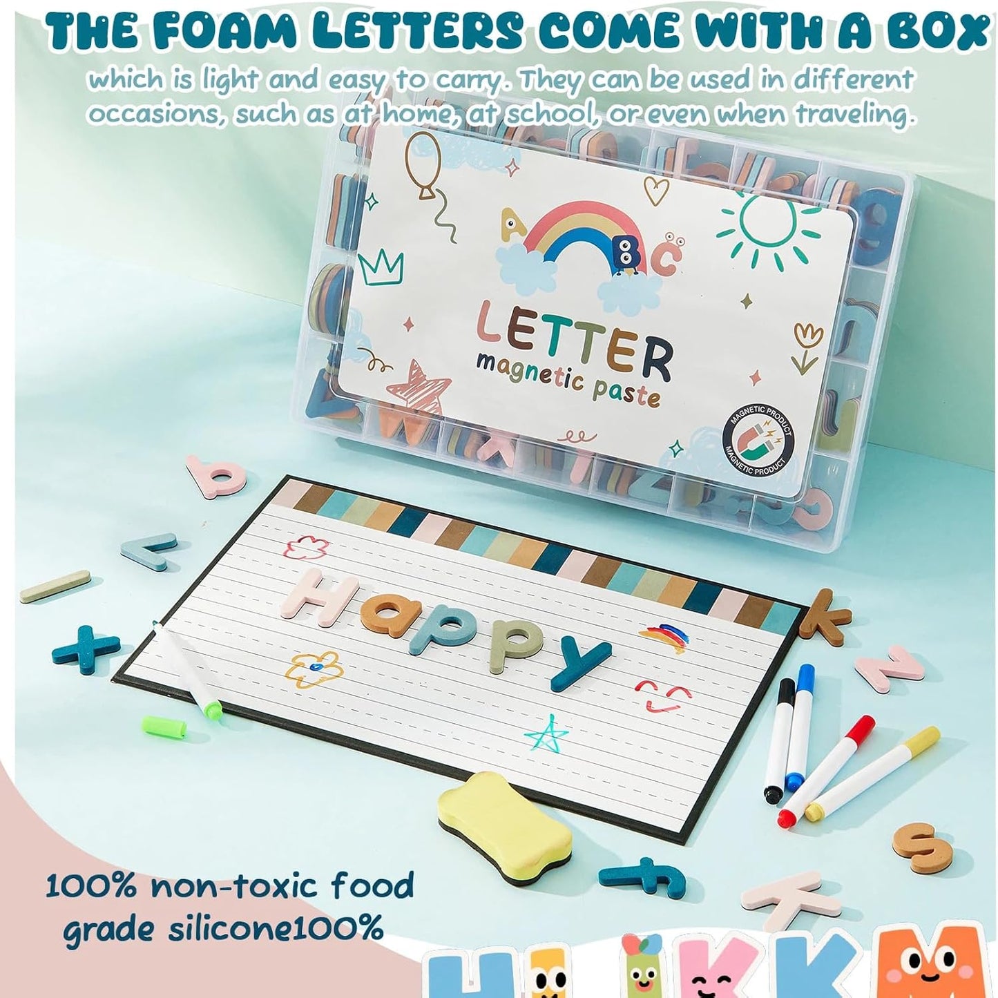 MotiMind 246 Pcs Soft Foam Magnetic Alphabet Letters Kit EVA Alphabet Learning Toys with Whiteboard and Pens Fridge Magnets for Preschool Kids Toddler Spelling and Learning (Boho Color)