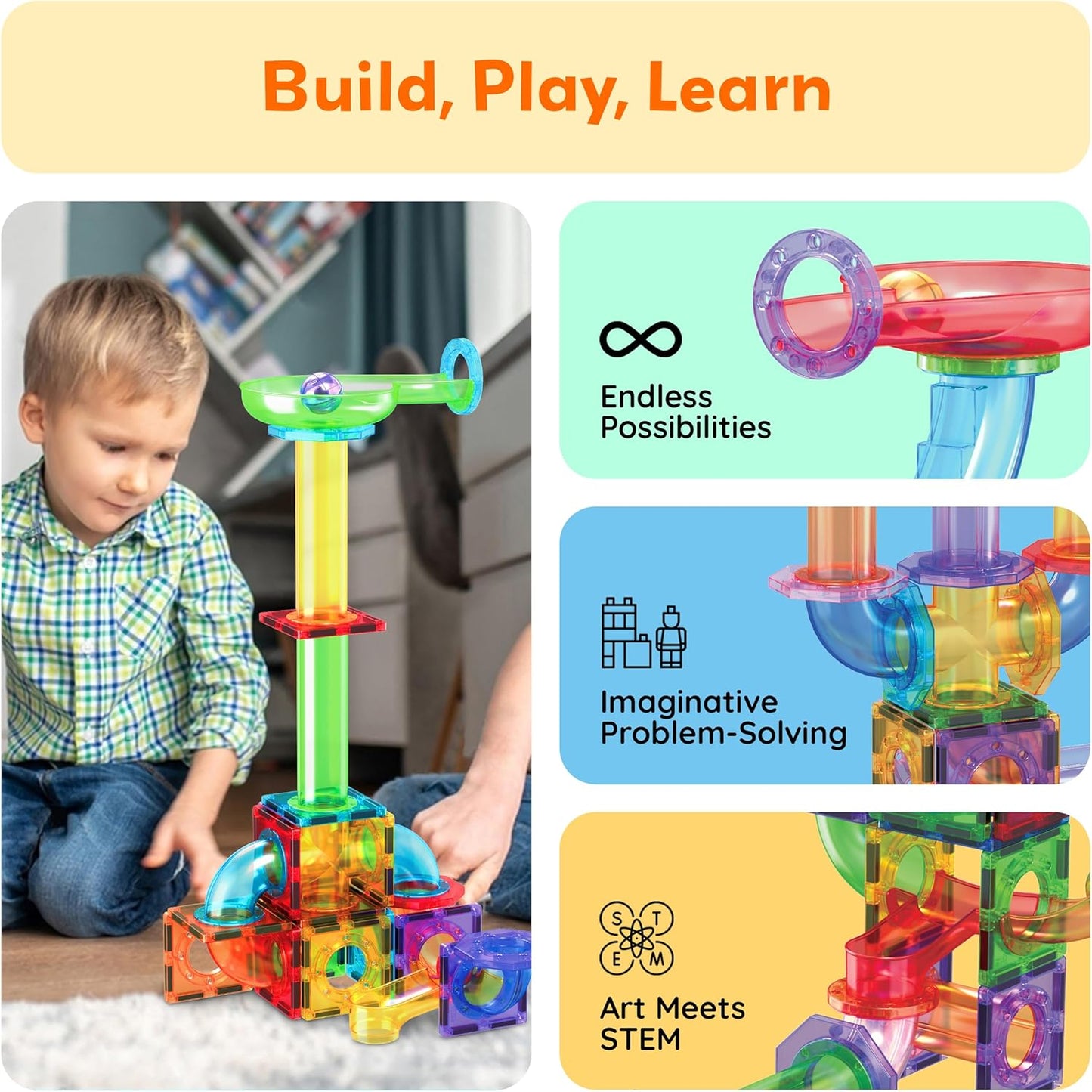 PicassoTiles 70pc Marble Run Magnetic Tiles STEM Set for Kids Ages 3 and Older Magnet Tile Marbles Maze Building Blocks Brain Development Toy Preschool Educational Learning Construction Playset PTG70