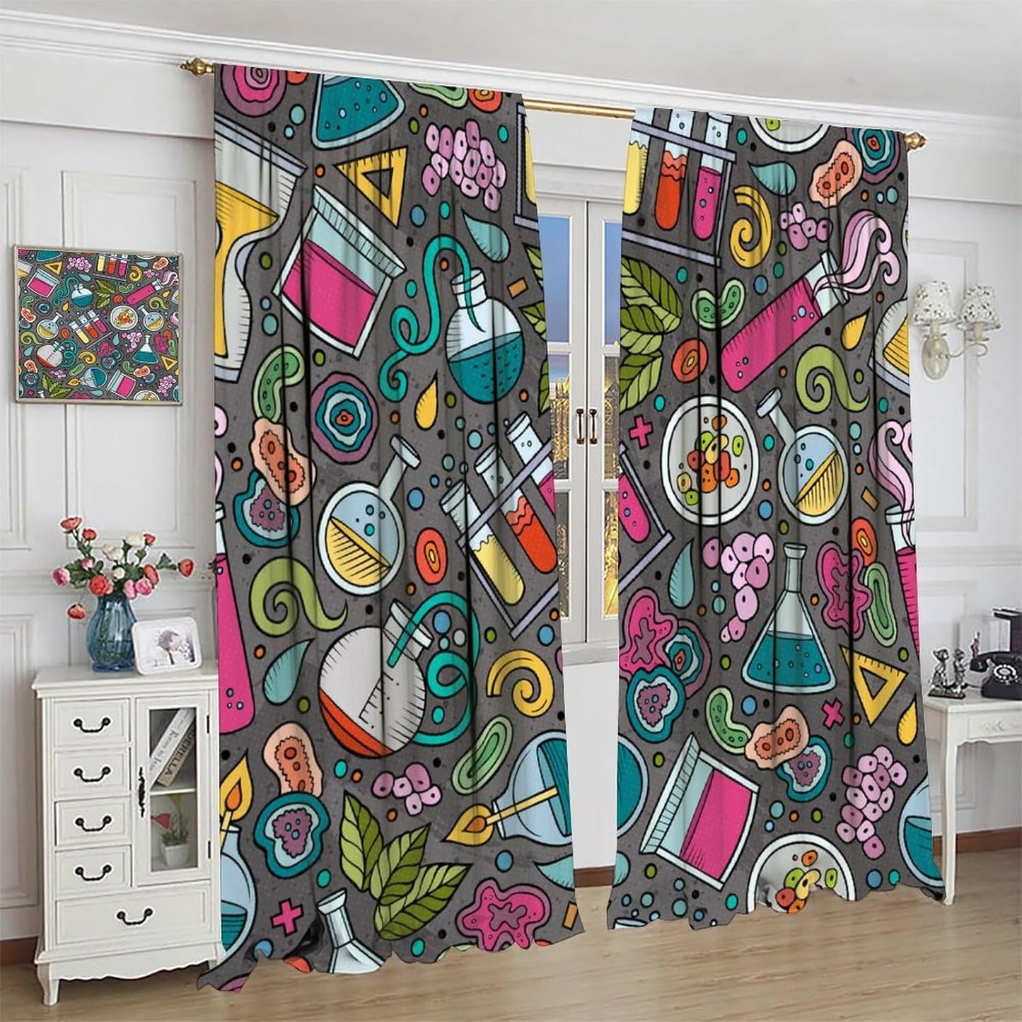 Science Physics Window Curtains, Abstract Math Chemistry Curtain Scientist Graffiti Print Window Treatments for Kids Teens Bedroom Living Room Kitchen Set 2 Panels,42x63 Inches