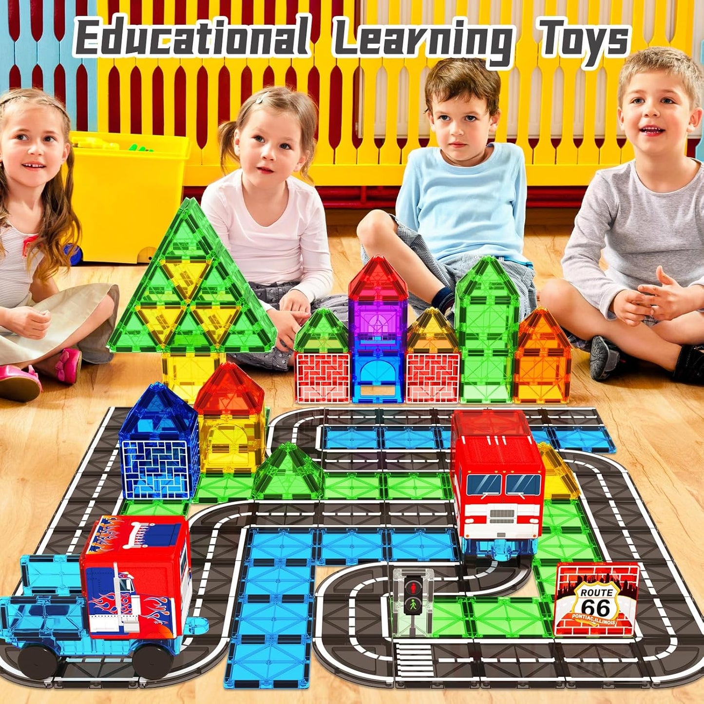 Magnetic Tiles, Magnetic Blocks Engineering Construction Vehicle Road Set, Toddler Toys for 3 4 5 Year Old Boys Girls Montessori Preschool Classroom Must Haves STEM Educational Kids Toys Birthday Gift
