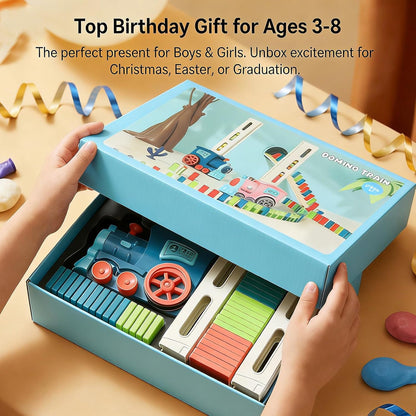 PREPHY Domino Train Toys Kids Games - Automatic Stacking Creative Game 3+ Year Old - Stem Montessori Toy for Boys 4-6 - Summer Autistic Christmas Birthday Gifts 5 6 Toddler Ages 4-8