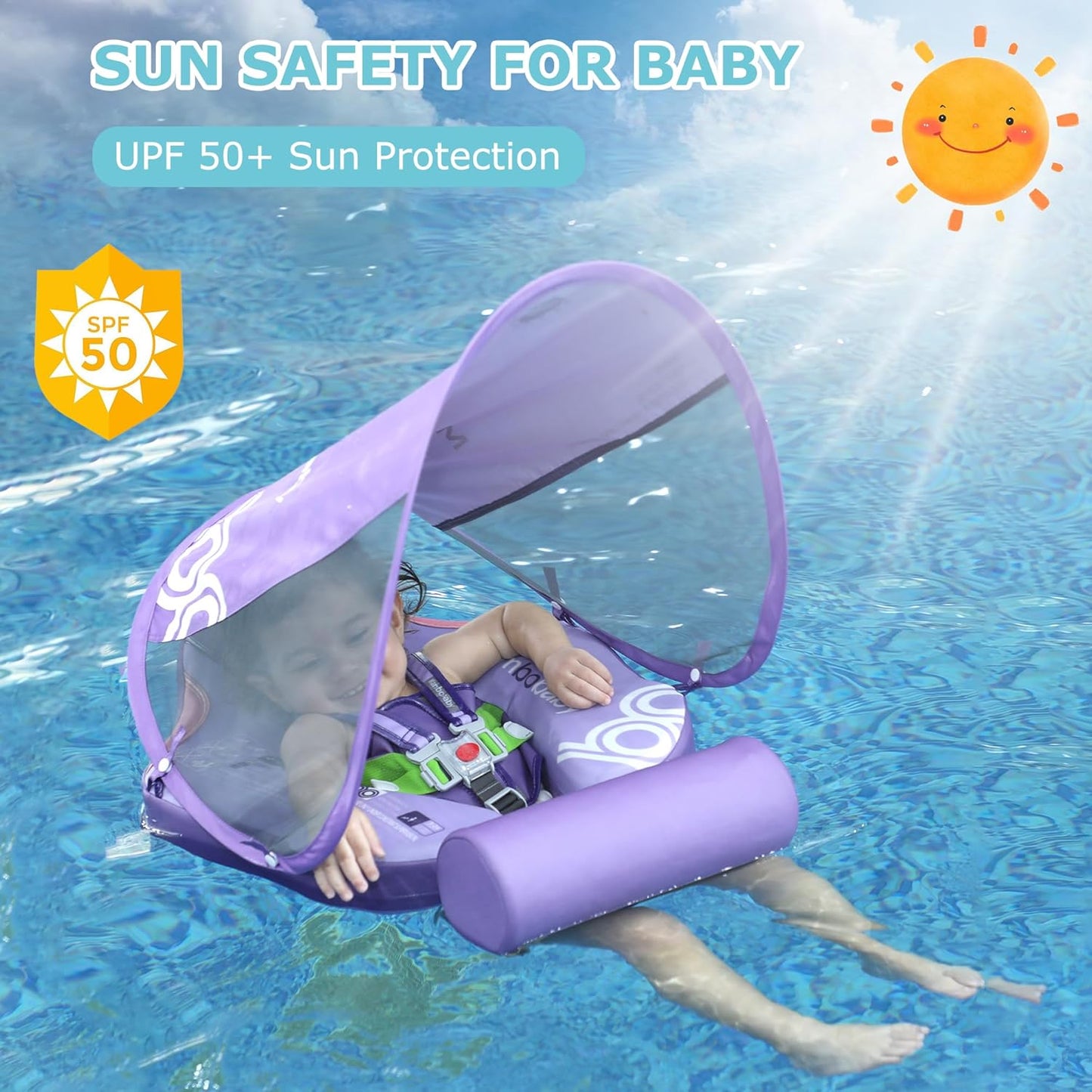 Baby Pool Float with UPF50+ 3D Adjustable Canopy, Add Tail Mambobaby Float Non Inflatable Infant Floats for Pool, Cartoon Narwhal Baby Floats (NPink with Canopy-U05NPCTLUROHML01U05)