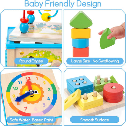 WOODMAM Wooden 7-in-1 Activity Cube| Montessori Toys for 1 Year Old Toddlers| Baby Educational Developmental Toys |One Year Old Boys Girls First Birthday Gifts |Bonus Sorting & Stacking Board