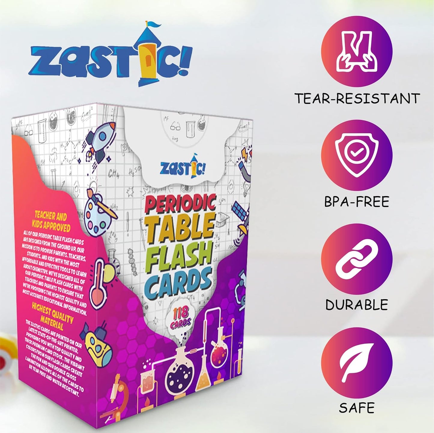 Zastic! Periodic Table Flash Cards - Laminated Elements Flashcards (118) for Kids - Great for Chemistry and Table Games
