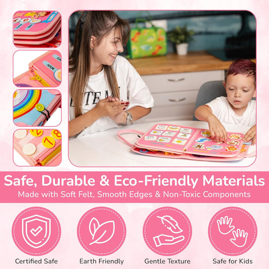 Solens Busy Book for Toddlers +3 with 25+ Activities on 8 Pages, Montessori Busy Board Felt Activity Book with Numbers, Colors & Daily Life Skills, Sensory Learning Toy for Fine Motor Skills, Pink