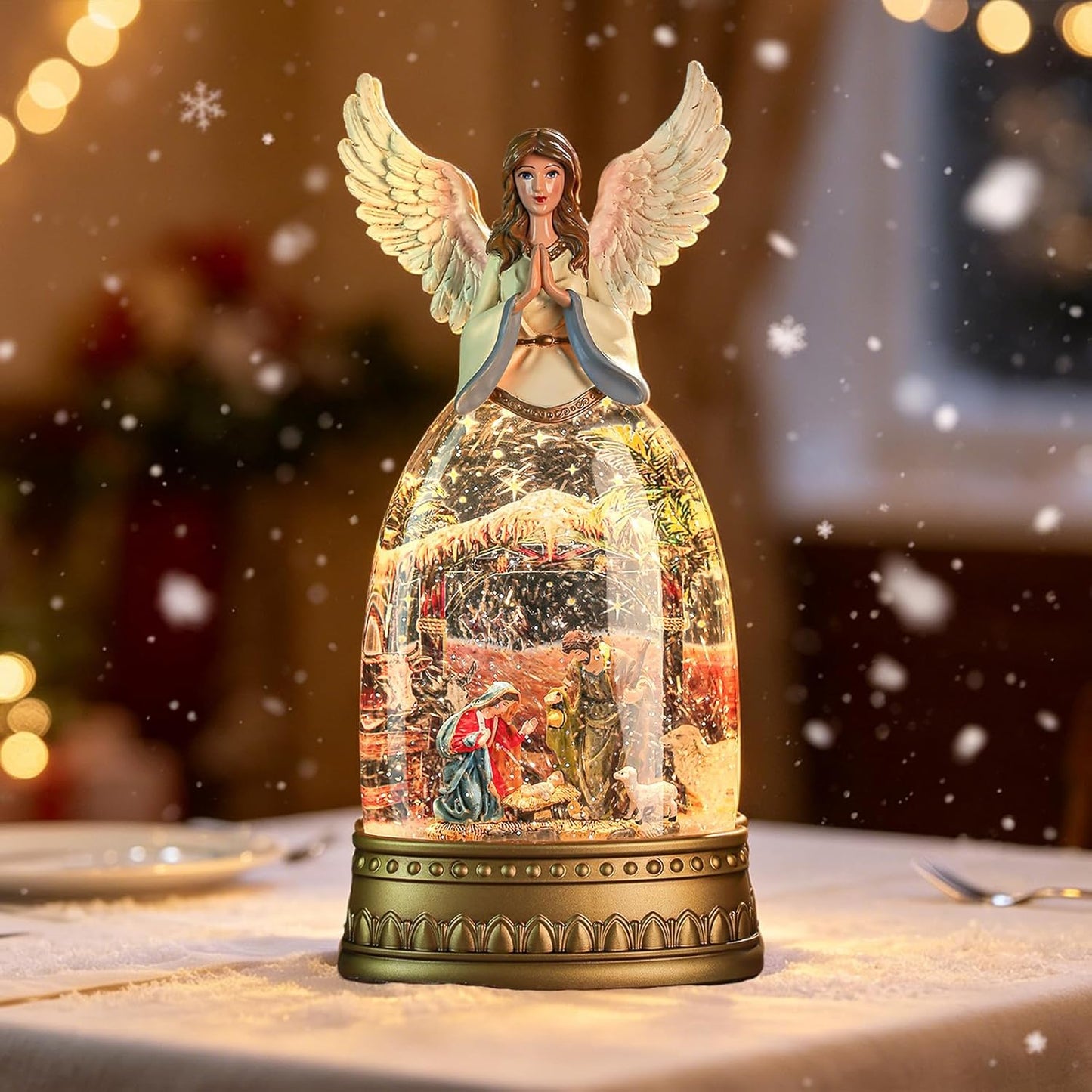 Snow Globe Lantern with Violin Girl – Shatterproof, Glitter Snowglobe 10 Songs Music Box, Led Light, USB or Battery Powered, for Girls Spring Day Gifts Birthday Home Decor Fall Decoration, Silver