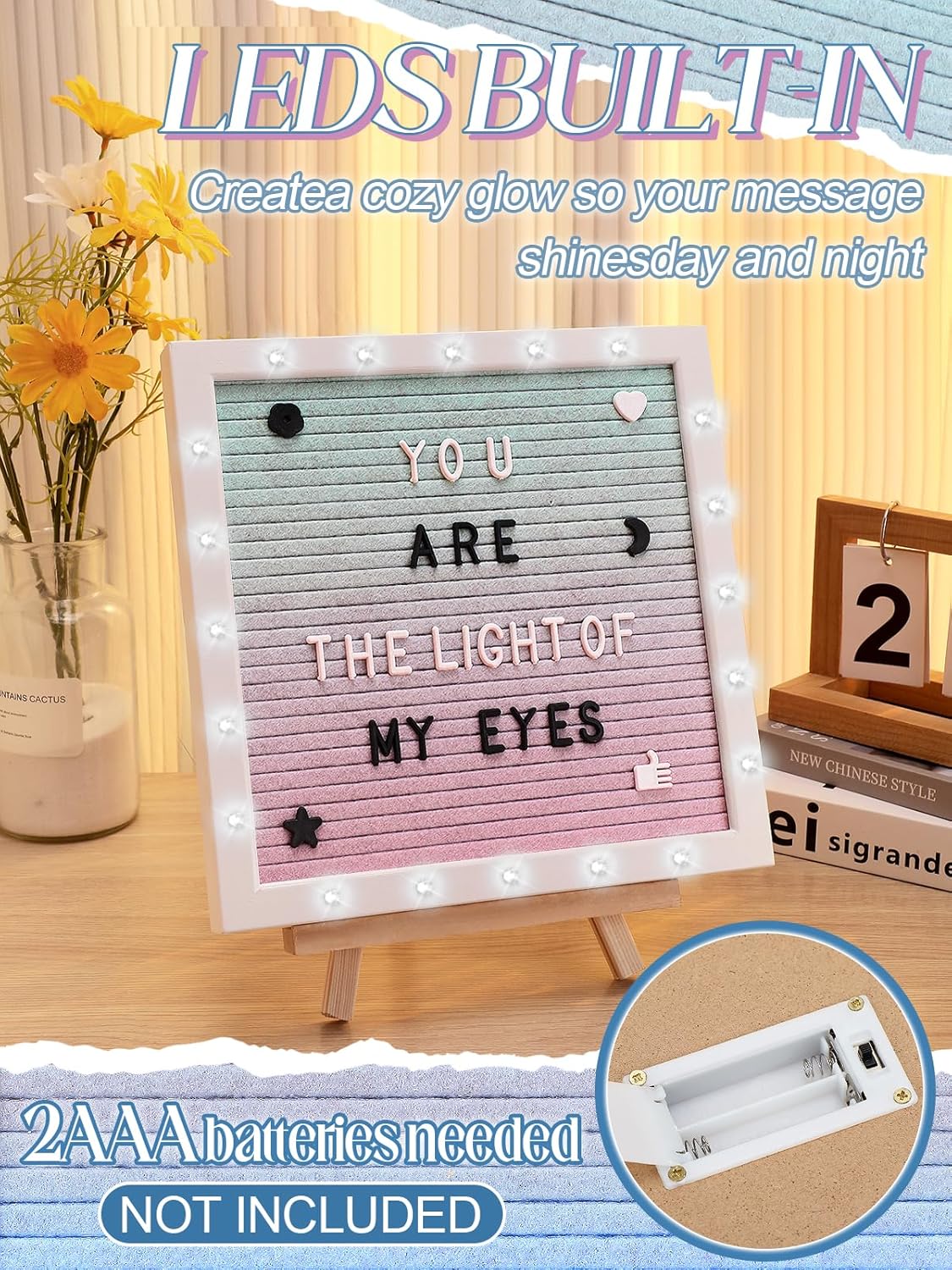 Changeable Felt Letter Board with LED Lights - 10×10" Message Custom Signs & Wood Stand & 450 Letters, Poster Board for Baby/Pregnancy Announcement/Classroom Wall Graduation Decor Gifts, Camel