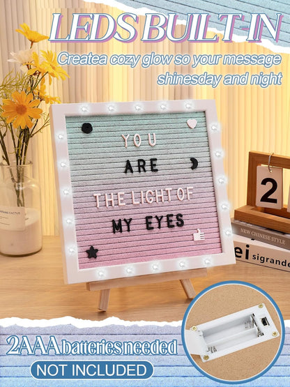 Changeable Felt Letter Board with LED Lights - 10×10" Message Custom Signs & Wood Stand & 450 Letters, Poster Board for Baby/Pregnancy Announcement/Classroom Wall Graduation Decor Gifts, Camel