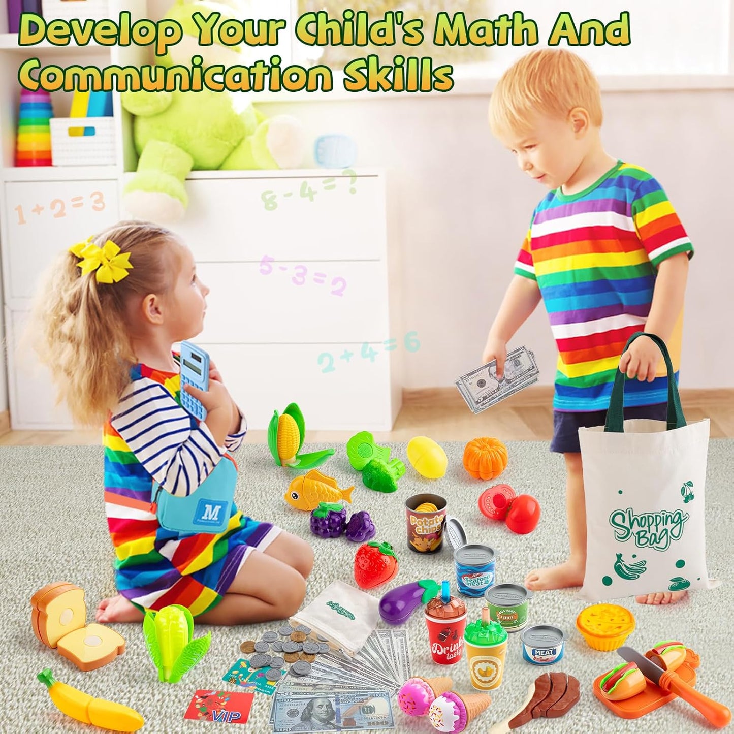 Pretend Play Food Sets for Toddlers, Kids Grocery Store Playset with Shopping Bags,Calculator, Cutting Play Food, Play Money, Sling Bag,Play Kitchen Accessories for Age 3+ Role-Play Games Gift