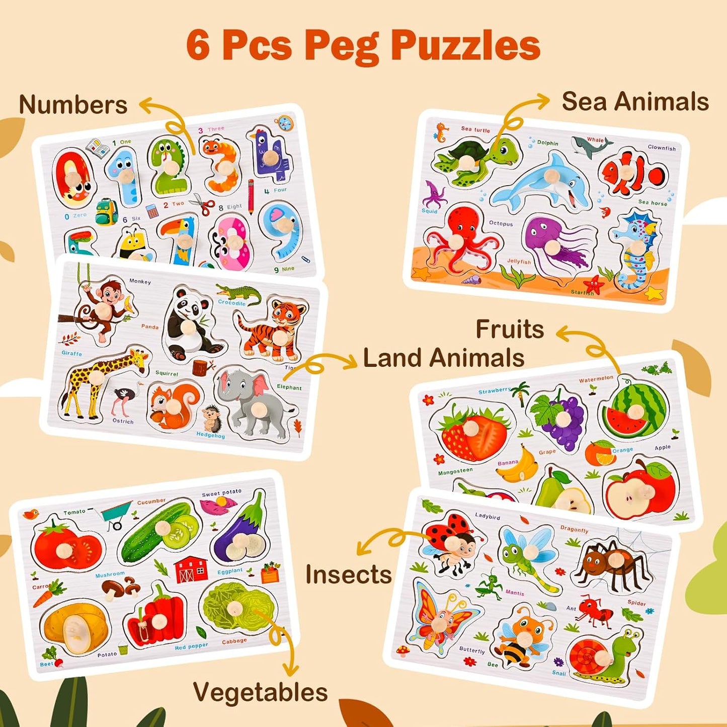 Wooden Peg Puzzles for Toddlers 1-3, 6 PCS Toddler Puzzles Set(Vegetables, Numbers, Fruits, Insects, Sea and Animals), Great Preschool Learning Puzzle Toys for Girls and Boys