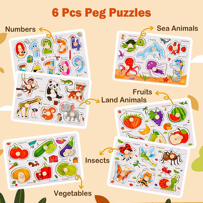 Wooden Peg Puzzles for Toddlers 1-3, 6 PCS Toddler Puzzles Set(Vegetables, Numbers, Fruits, Insects, Sea and Animals), Great Preschool Learning Puzzle Toys for Girls and Boys