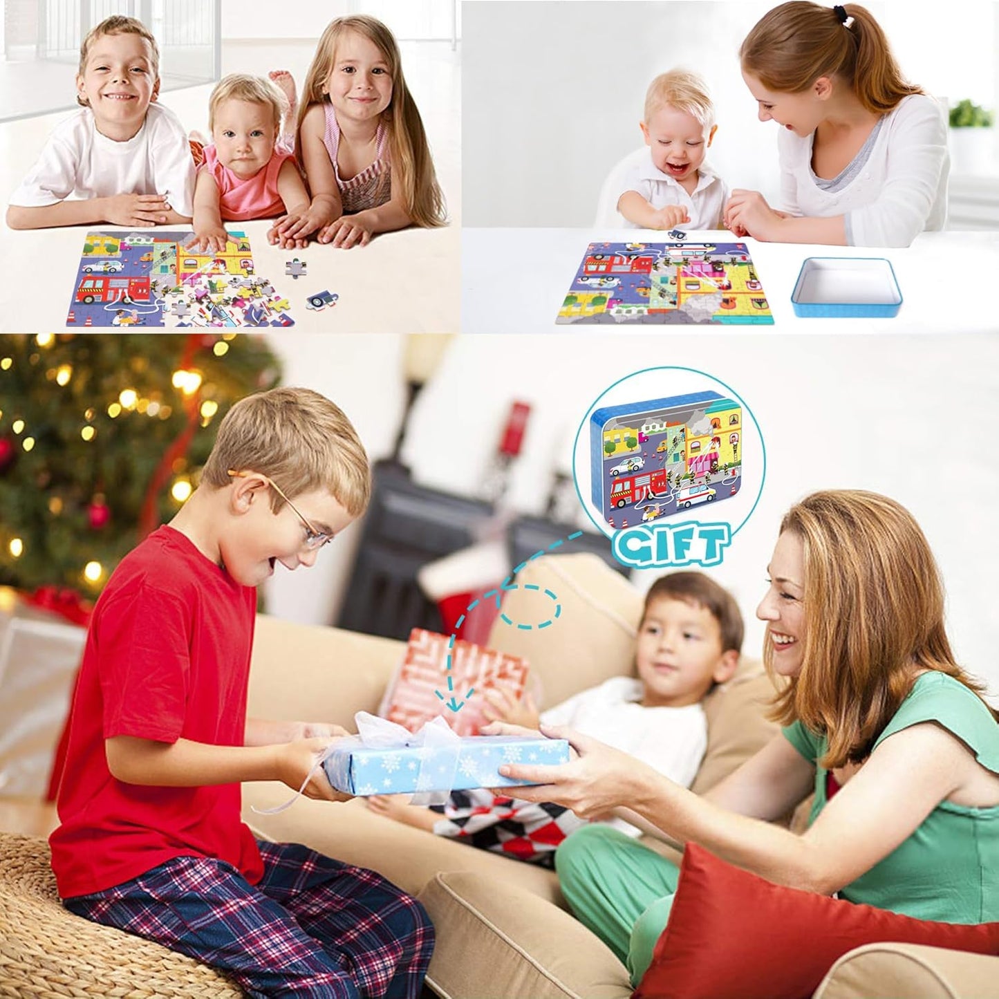 LELEMON 100 Pieces Jigsaw Puzzles in a Metal Box for Kids Age for 4-8 Boys Girls Toy Puzzles Construction Site Vehicles Children Learning Educational Puzzles Toys