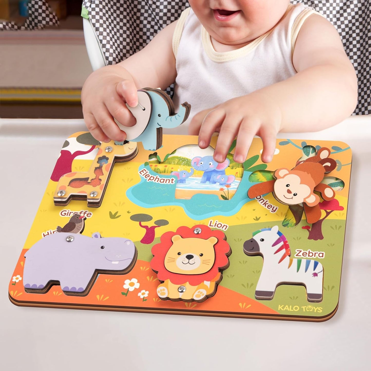 Kalotoys Wooden Montessori Jungle Animal Puzzle for Toddlers 1-3 – Interactive Sensory Toy with Mirror, Zip & Sound – Educational Baby Gift for Fine Motor Skills & Autism Friendly (6 Animals)