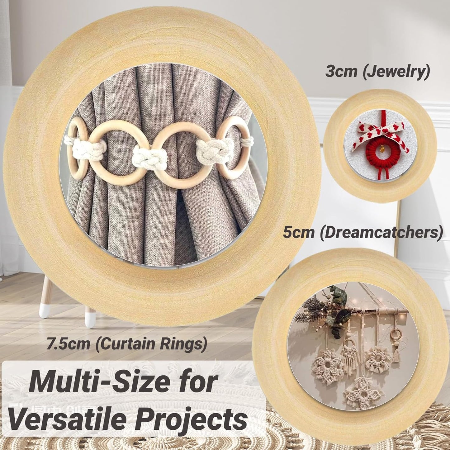 Wooden Rings for Crafts - 33pcs (3 Sizes: 3cm/5cm/7.5cm) - Unfinished Natural Wood Hoops for Macrame, DIY Jewelry, Wreath Making - Smooth & Splinter-Free for Kids & Adults
