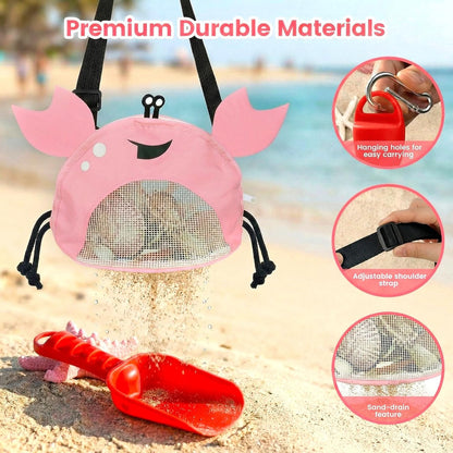 AMOR PRESENT Mesh Baby Beach Bag, Shell Collecting Bag with Shovel Crab-Shaped Adjustable Strap for Holding Shell Sea Pool Sand Toy, Blue