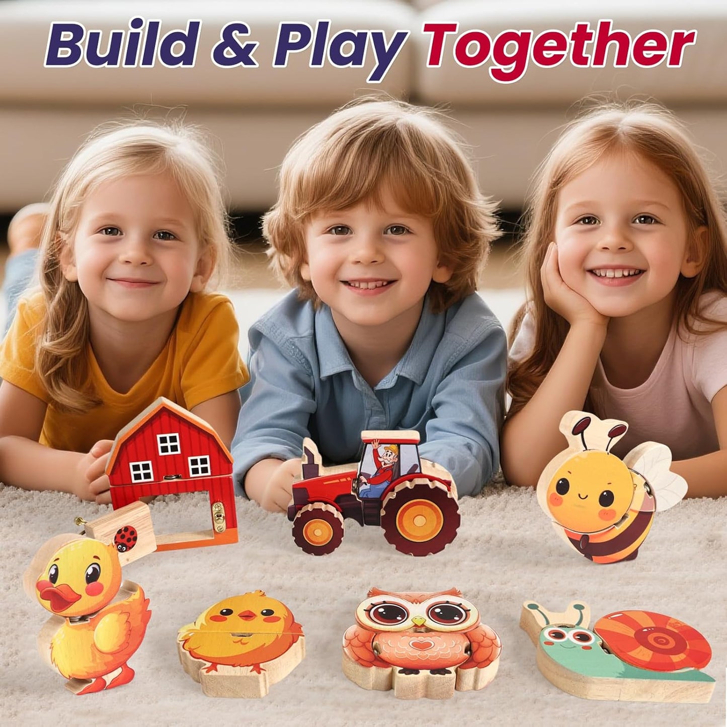 HUZU Animal Snap Wooden Building Blocks – Fun & Educational Puzzle Toy for Kids Aged 3-8, Features Cow, Bear, Lion and Turtle, Matching Game with Interchangeable Animal Faces & Emotions