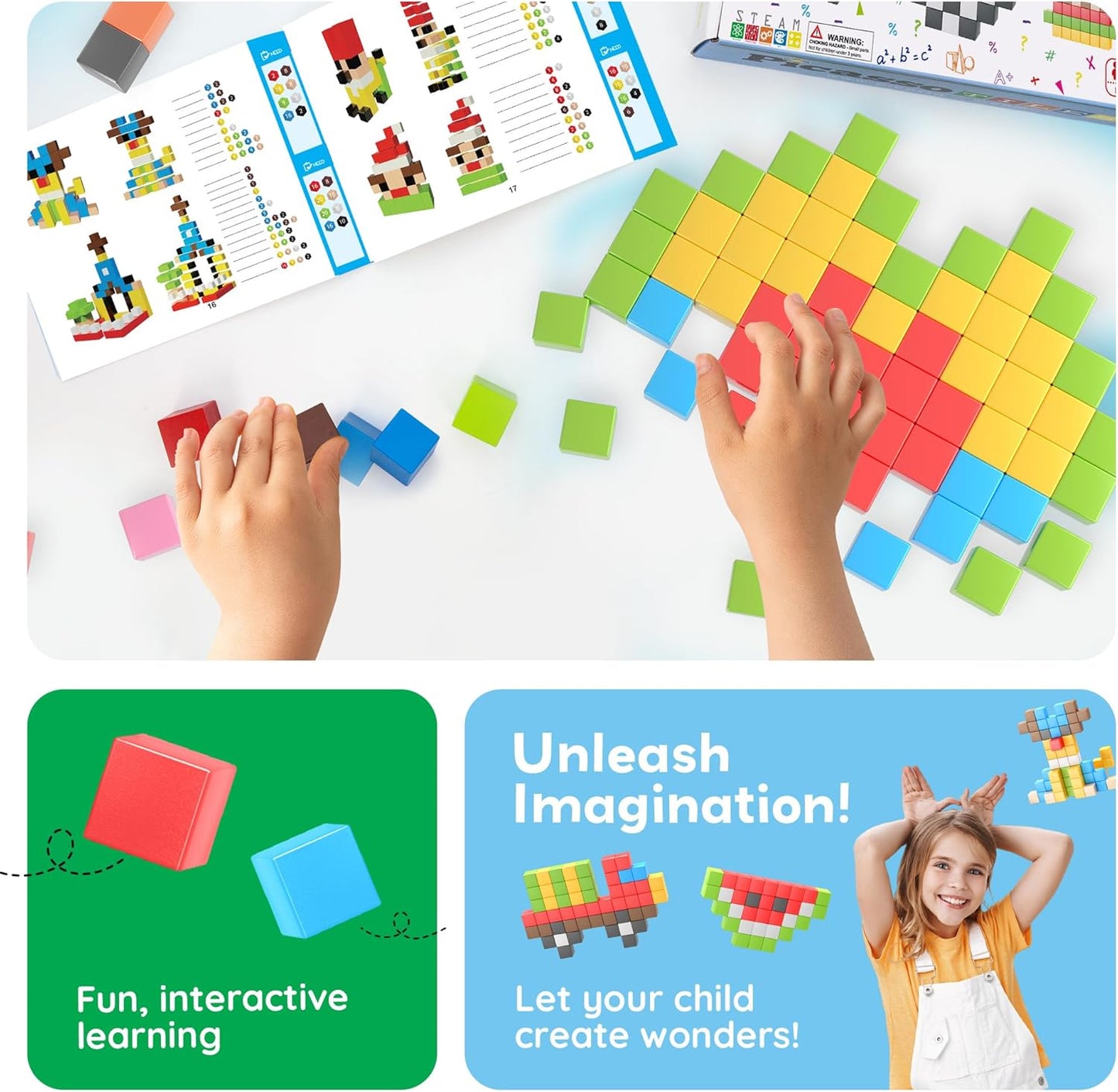 PicassoTiles 60pc Magnetic Puzzle Cube Building Set 1 Inch 3D Blocks STEM Construction Toy for Toddlers Kids Boys Girls Age 3+ Montessori Learning Travel Sensory Gift with Educational Idea Book PMC60
