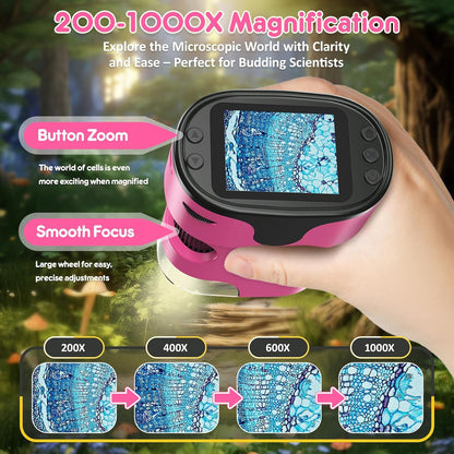 1000X Handheld Microscope for Kids 4K 2.0" Screen Rechargeable Mini Pocket Digital Microscopes w/Slides Kit Portable Edu Gift Age 4-6 8-12 Children Students (White)