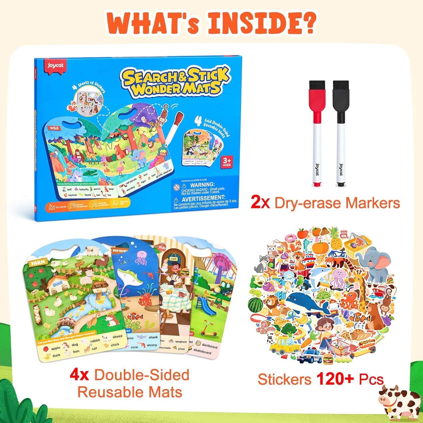 JoyCat Reusable Sticker Book Set (3-Pack): Farm, Pizza-Making, Weather - 90 Pcs Stickers for Toddlers, Kids Sticker Activity Book, Road Trip Travel Toys, Birthday Gifts for Boys and Girls