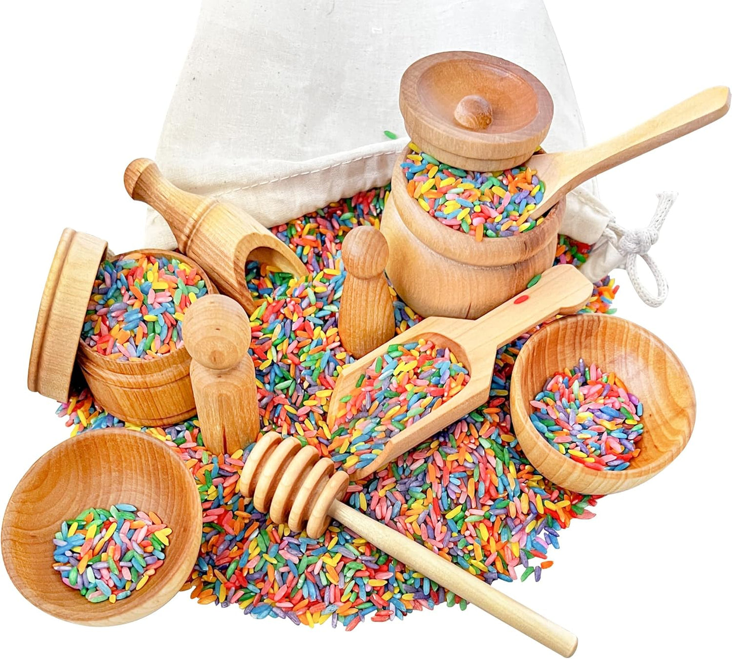 Rainbow Rice and Sensory Bin Tools (10 Pieces), Wooden Sensory Bin Tools and Scoops with Chemical-Free and Food-Safe Rice, Table Tools for Fine Motor Skills