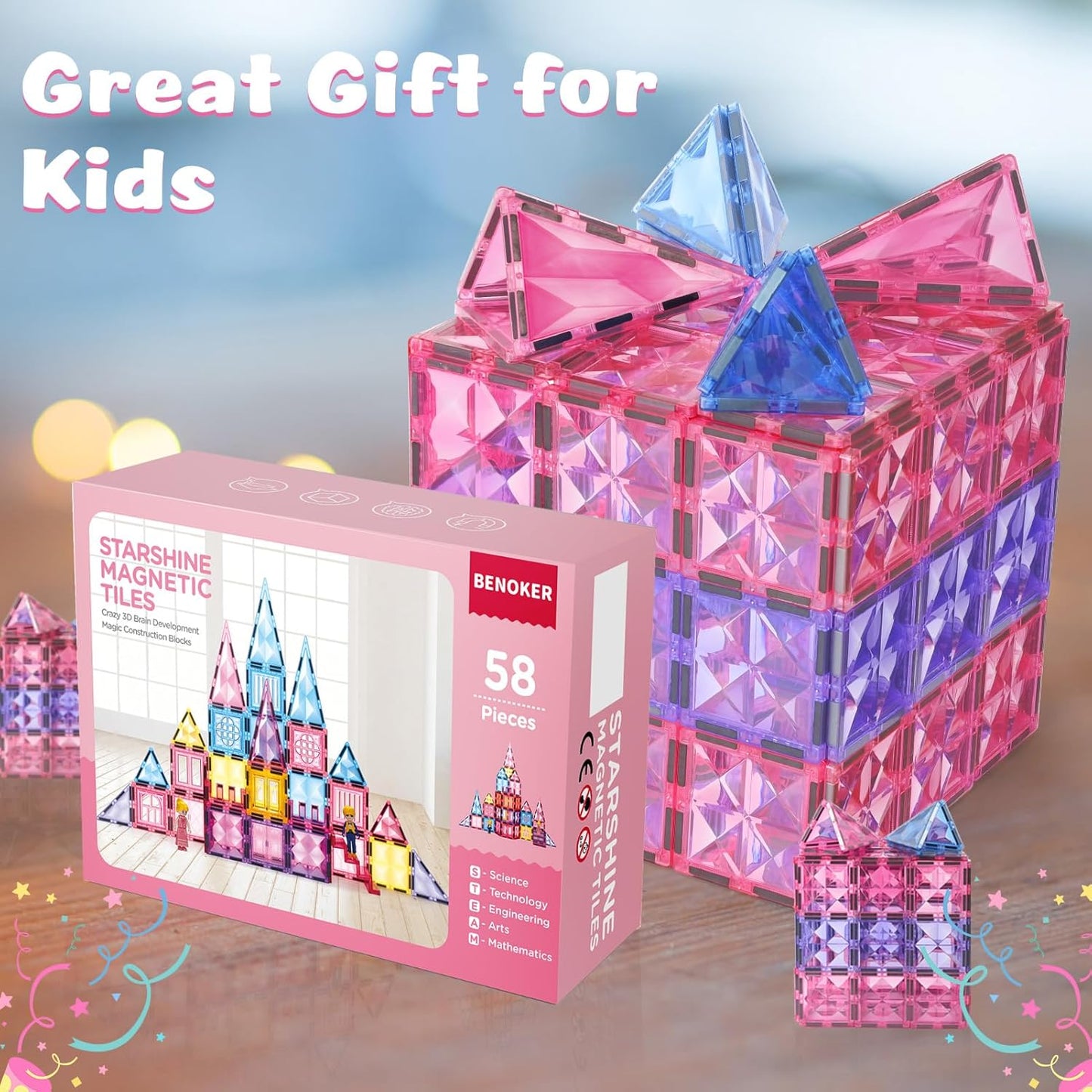 BENOKER Castle Magnetic Tiles, 3D Building Blocks STEM Educational Kids Toys for Pretend Play, 3 4 5 6 7 8 Year Old Birthday Gifts for Boys and Girls, Preschool Learning Toys for Christmas