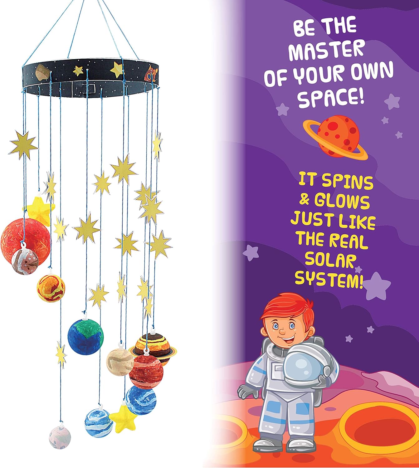 STEM Learning Fun with 3D Solar System Kit: Complete DIY Mobile Hanging Model, 27-Inch Long with 9 Foam Planets & Sun, 3D Solar System with Paintable Planets, Glow in the Dark Paint, Easy Instructions