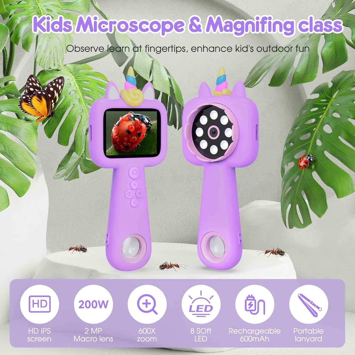 Magnify 2.4" Microscope for Kids, 600X-4800X Handheld Digital Miniscope, Portable Pocket Magnification Microscope Photo & Video | Education Toys for Age 3 4 5 6 7 8 9 10 Girls Boys